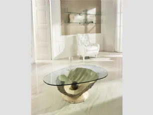 Tavolino Venere con basamento in pietra fossile a forma di conchiglia e top in vetro di Stones