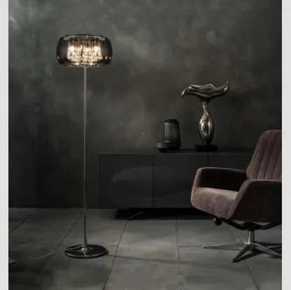 Lampada da terra Mirror con pendenti in cristallo e paralume in vetro e specchio di Stones