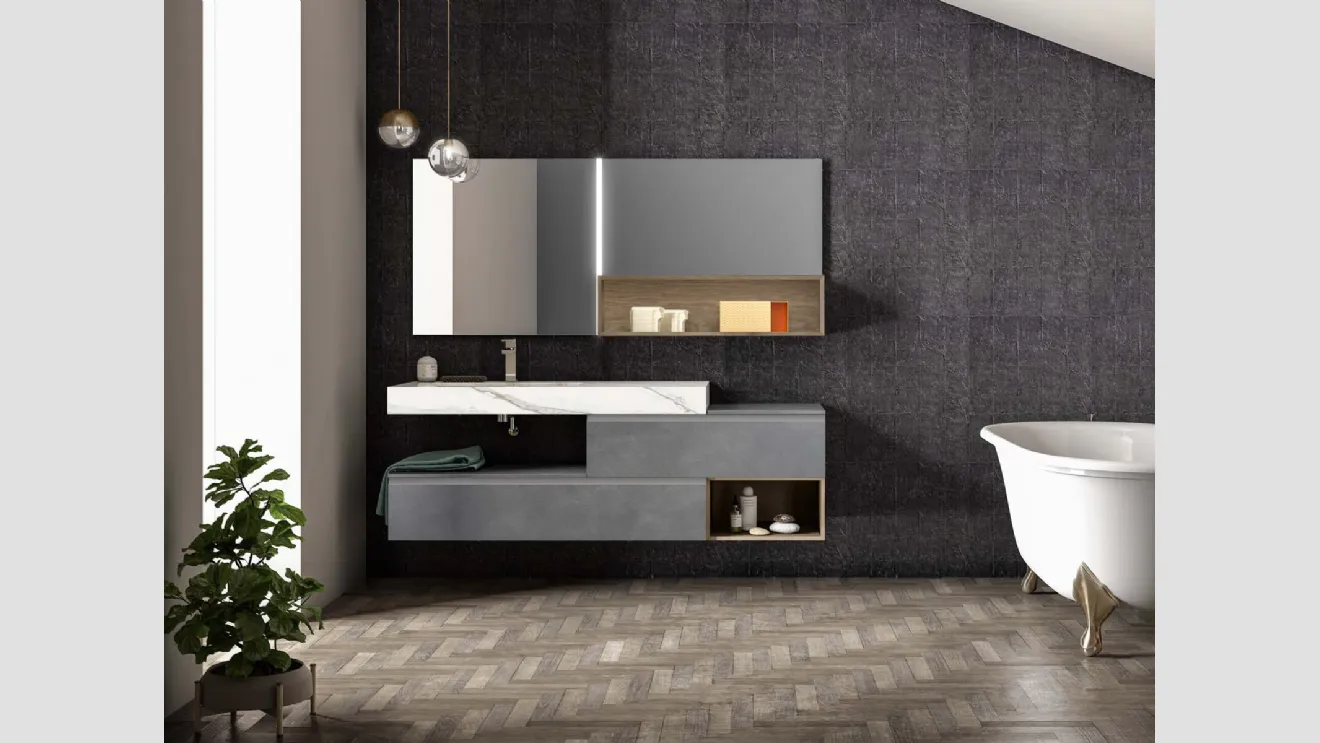 Mobile da Bagno sospeso in laccato metallico piombo Lapis 06 di Birex