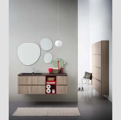Mobile da Bagno sospeso in melaminico con vano a giorno in laccato rosso e top in mineral marmo Lapis 04 di Birex