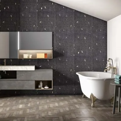 Mobile da bagno sospeso in laccato metallico e rovere con top in gres effetto marmo Memento 03 di Birex