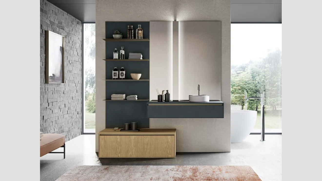 Mobile da Bagno sospeso in laccato opaco grigio antracite e canneté essenza rovere naturale Traccia 06 di Birex