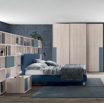 Letto in ecopelle Blu Oceano con testiera Golf Reverso di Colombini Casa