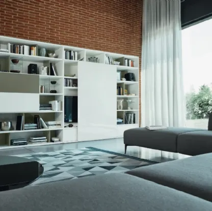 Libreria a muro Modo M6C95 in laccato opaco con anta in vetro lucido di Sangiacomo