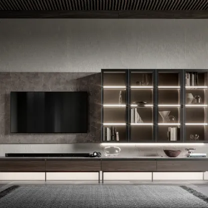 Parete Attrezzata GS301 in melaminico effetto marmo e legno con ante in vetro di SantaLucia
