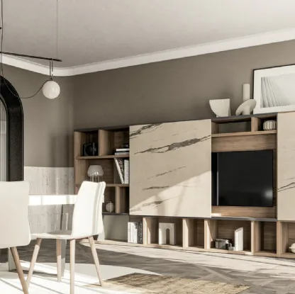 Parete Attrezzata GS310 in finitura matwood coffee e effetto marmo statuario di SantaLucia