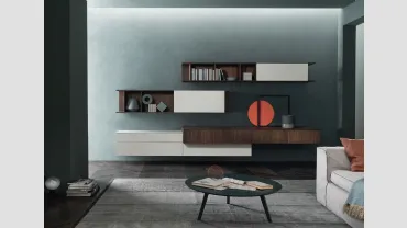 Parete Attrezzata Lampo L6C14 in impiallacciato Rovere termotrattato e laccato opaco Magnolia di Sangiacomo