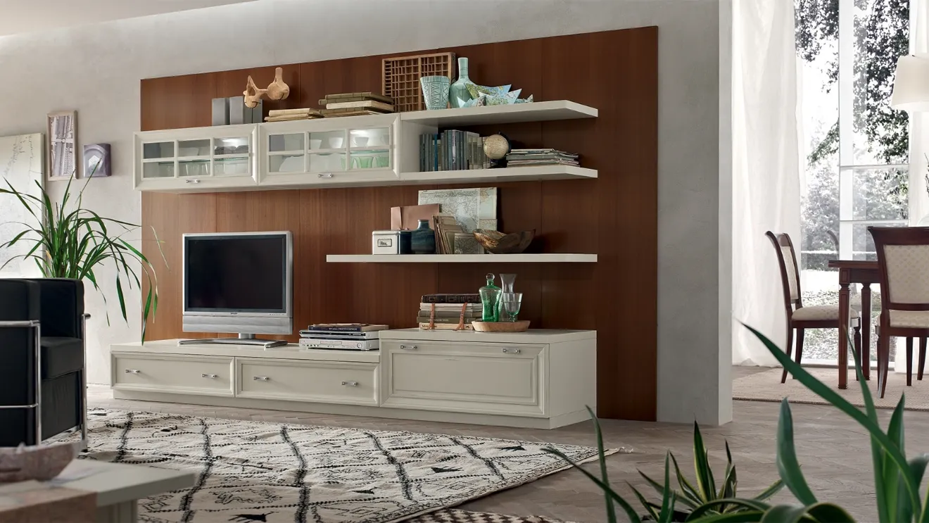 Parete Attrezzata MU454 con Boiserie Noce e finitura mobile Panna di Maronese Acf