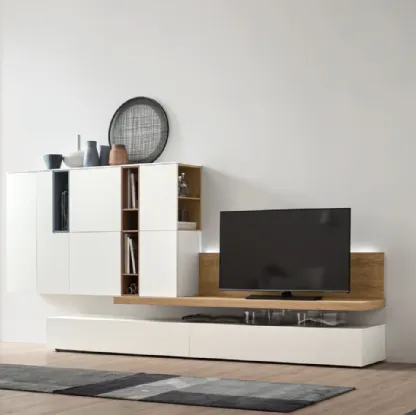 Parete Attrezzata Seta Unix SU2104 in melaminico Rovere nodato, Bianco e laccato opaco Cotto, Ceruleo di Maronese Acf