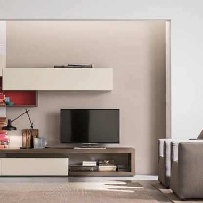 Parete Attrezzata Unix Comp SU2110 in essenza Olmo Tabacco e laccato Cashmere di Maronese