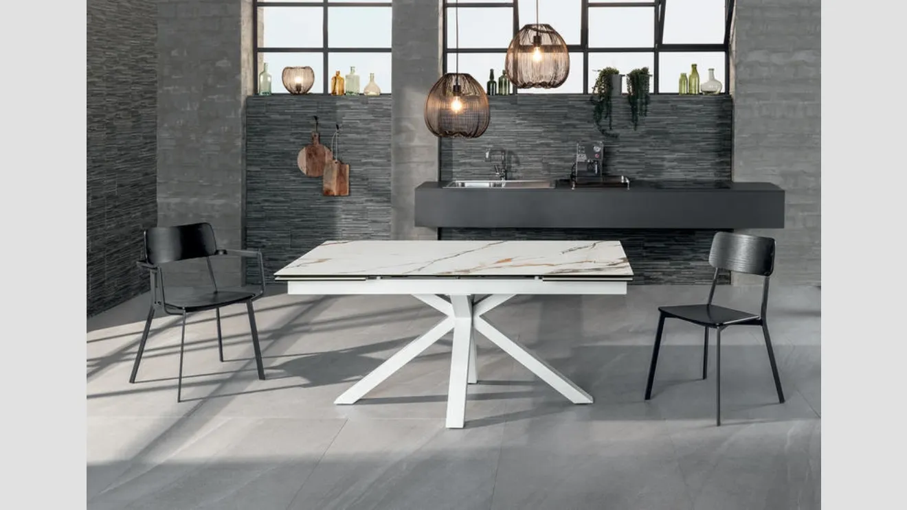 Tavolo allungabile con top in ceramica effetto marmo calacatta su vetro temprato Ceramica 01 di Stones