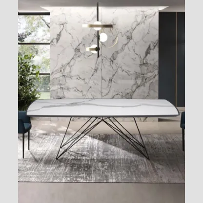 Tavolo Pegaso con top in Legno con inserto in Ceramica e base in tondino di acciaio di Riflessi
