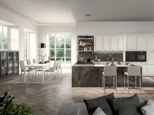 Cucina Classica angolare con penisola in legno di Frassino laccato Bianco a poro aperto e laminato effetto marmo Emma di Arredo3