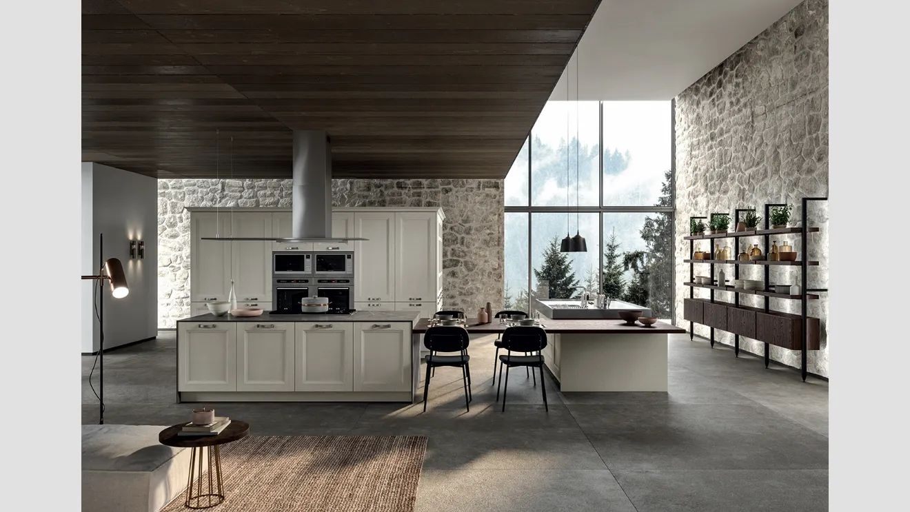 Cucina Classica angolare Gioiosa in legno di Frassino laccato Nebbia a poro aperto e top in laminam Pietra Grey di Arredo3