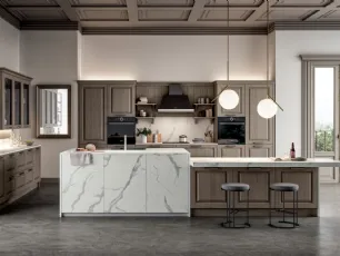 Cucina Classica con isola Romantica 01 in laccato a poro aperto e laminato HPL Tosca di Gentili Cucine