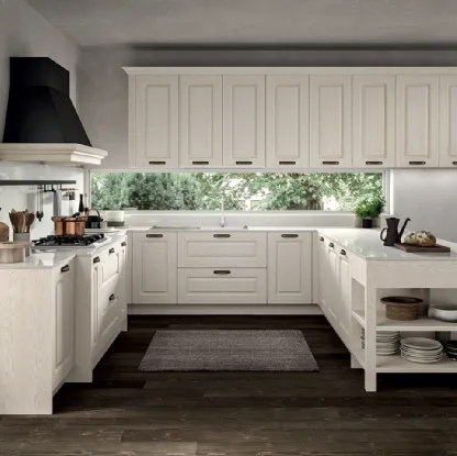 Cucina Classica angolare in Frassino laccato a poro aperto Bianco, tonalità ripresa dal piano di lavoro e dallo schienale in quarzo impero Verona di Arredo3