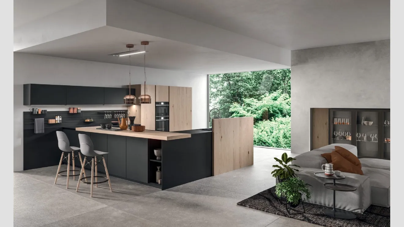 Cucina Moderna con penisola Time 04 in vetro Nero opaco e impiallacciato Rovere nordico nodato di Gentili Cucine