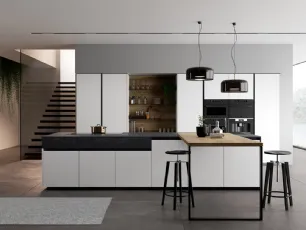 Cucina Moderna Glass 2 0 in vetro opaco bianco puro con penisola in laminato Noce Imperial di Arredo3