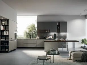 Cucina Moderna angolare in Pet opaco resina polvere, pensili in polimerico opaco lavagna e top in pietra grey con penisola Tekna di Arredo3
