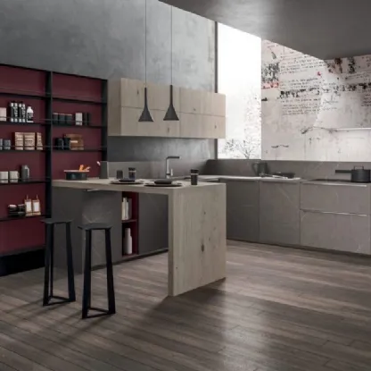 Cucina Moderna con penisola Time 09 in laminato HPL e impiallacciato Rovere di Gentili Cucine