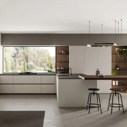 Cucina Moderna angolare laccato opaco Nebbia con penisola in Eucalipto Noce Time di Arredo3